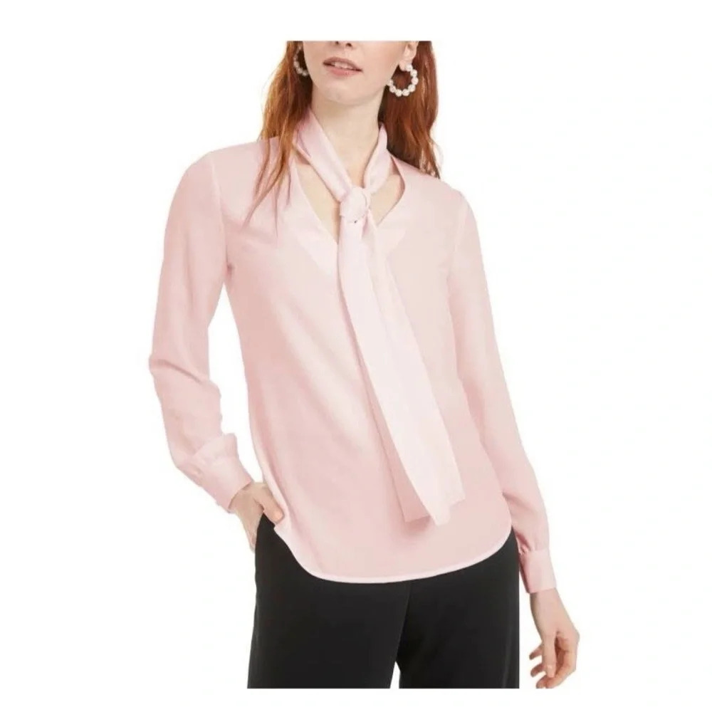 LOFT Light Pink Wrap Tie Neck V-neck Long Sleeve Blouse Medium Women’s